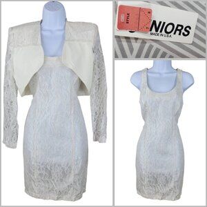 NEW Vtg 80s Evening Party Dress Jacket Set Size 6/8 Alt Lace Prom White Wedding